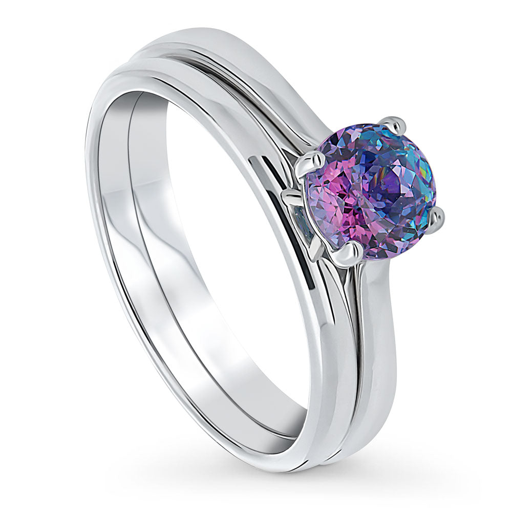 Front view of Kaleidoscope Solitaire Purple Aqua CZ Ring Set in Sterling Silver
