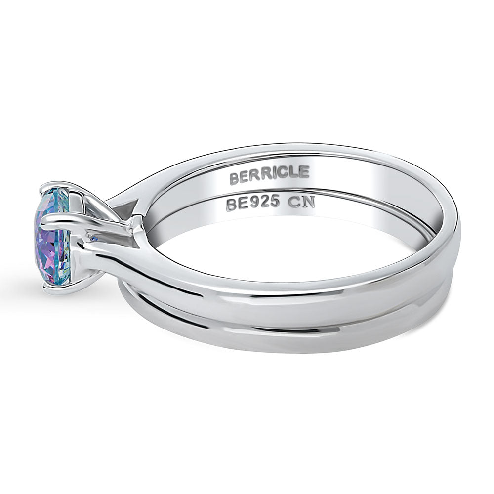Angle view of Kaleidoscope Solitaire Purple Aqua CZ Ring Set in Sterling Silver