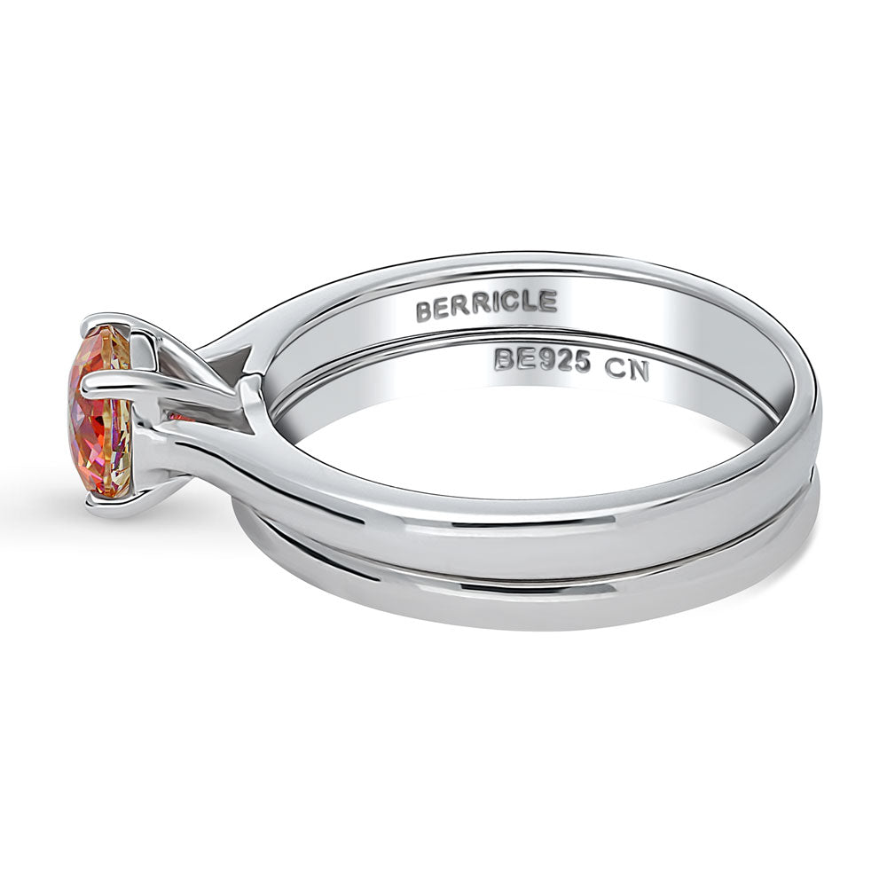 Angle view of Kaleidoscope Solitaire Red Orange CZ Ring Set in Sterling Silver