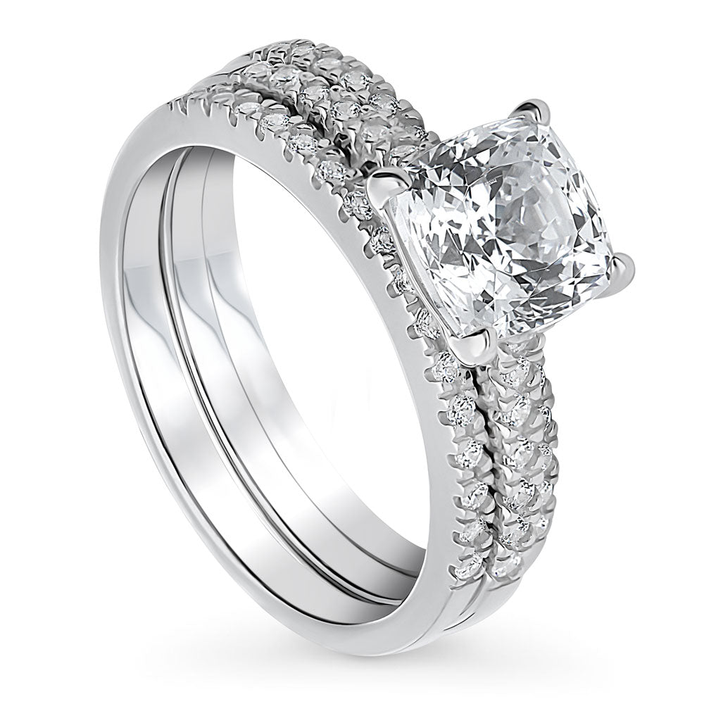 Front view of Solitaire 2ct Cushion CZ Ring Set in Sterling Silver, 4 of 14