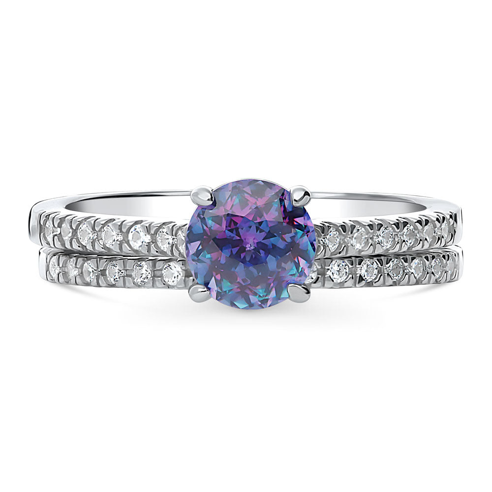 Kaleidoscope Solitaire Purple Aqua CZ Ring Set in Sterling Silver