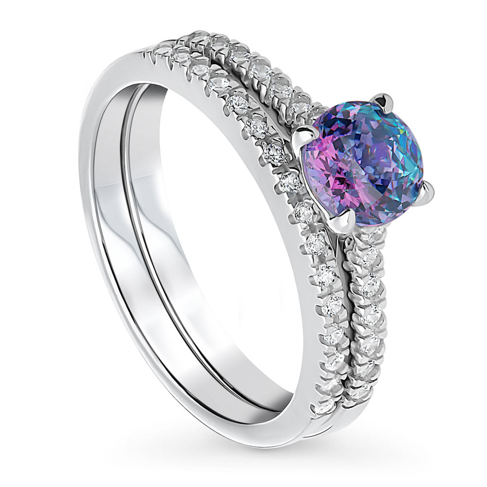 Kaleidoscope Solitaire Purple Aqua CZ Ring Set in Sterling Silver