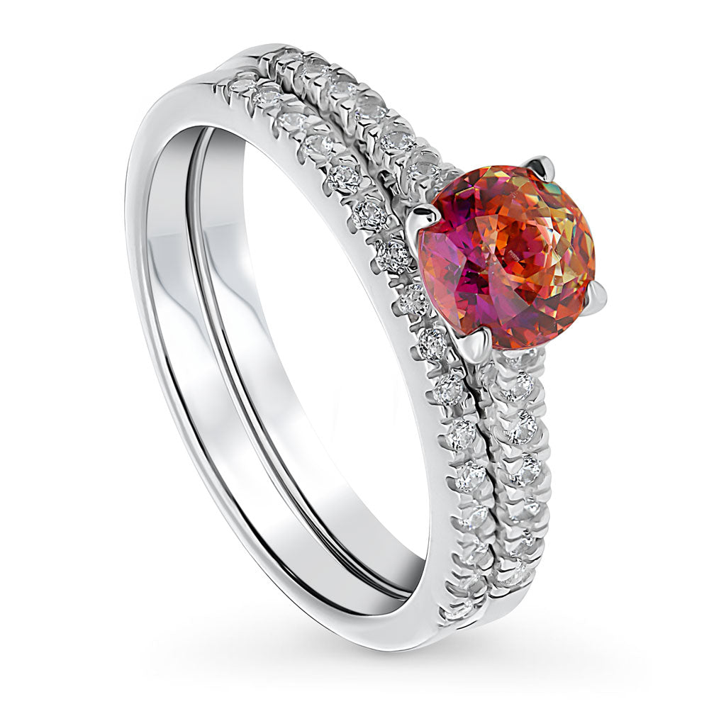 Front view of Kaleidoscope Solitaire Red Orange CZ Ring Set in Sterling Silver