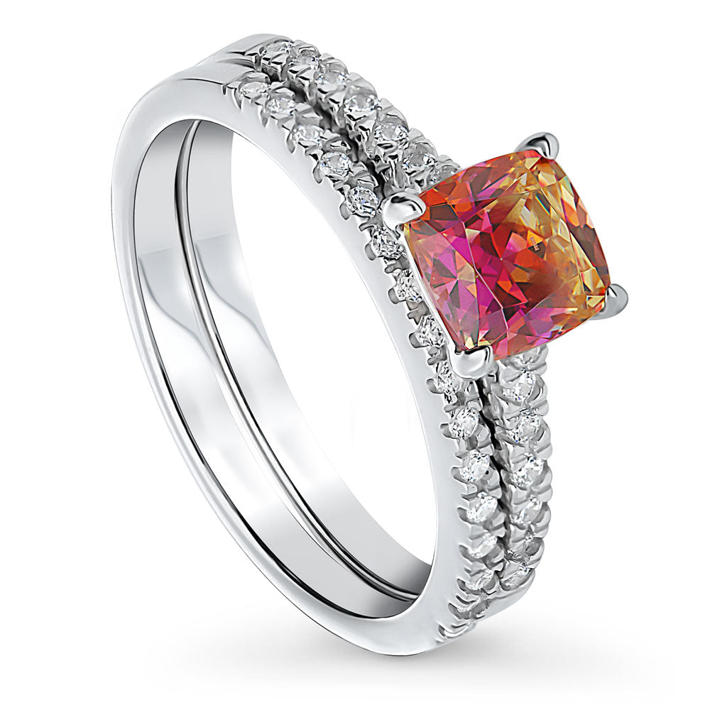 Front view of Kaleidoscope Solitaire Red Orange CZ Ring Set in Sterling Silver