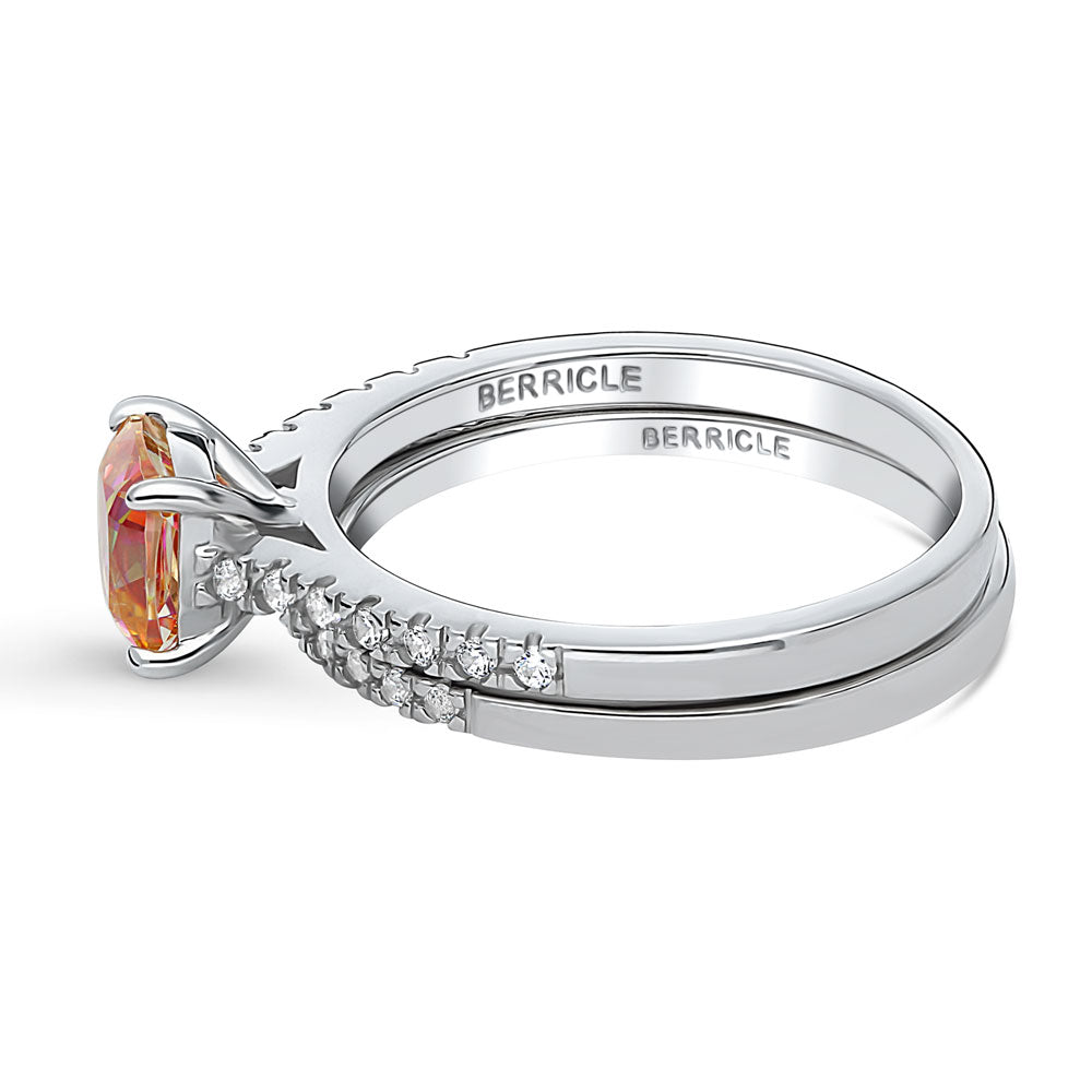 Angle view of Kaleidoscope Solitaire Red Orange CZ Ring Set in Sterling Silver