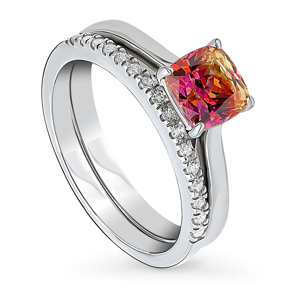 Front view of Kaleidoscope Solitaire Red Orange CZ Ring Set in Sterling Silver