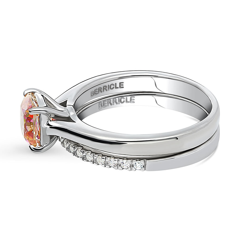 Angle view of Kaleidoscope Solitaire Red Orange CZ Ring Set in Sterling Silver