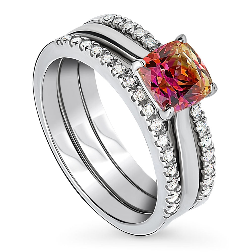 Front view of Kaleidoscope Solitaire Red Orange CZ Ring Set in Sterling Silver