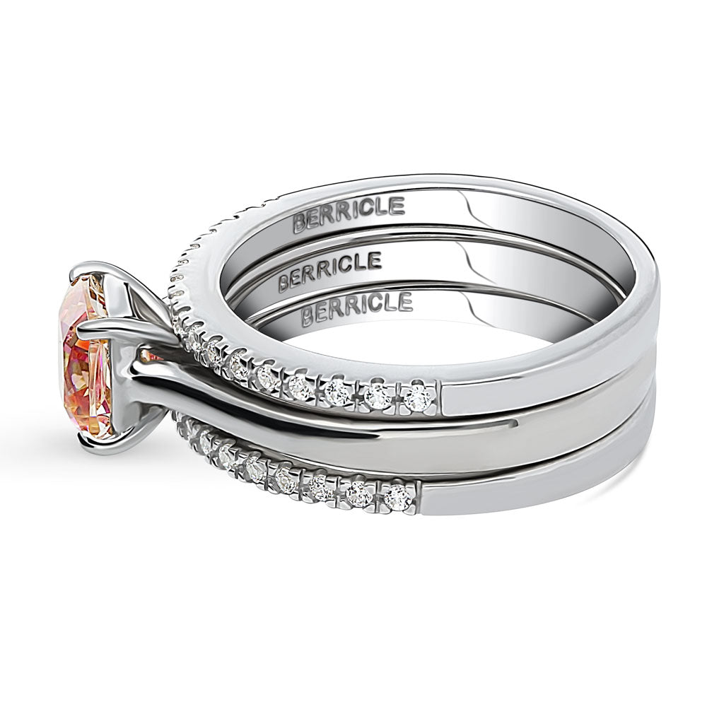 Angle view of Kaleidoscope Solitaire Red Orange CZ Ring Set in Sterling Silver