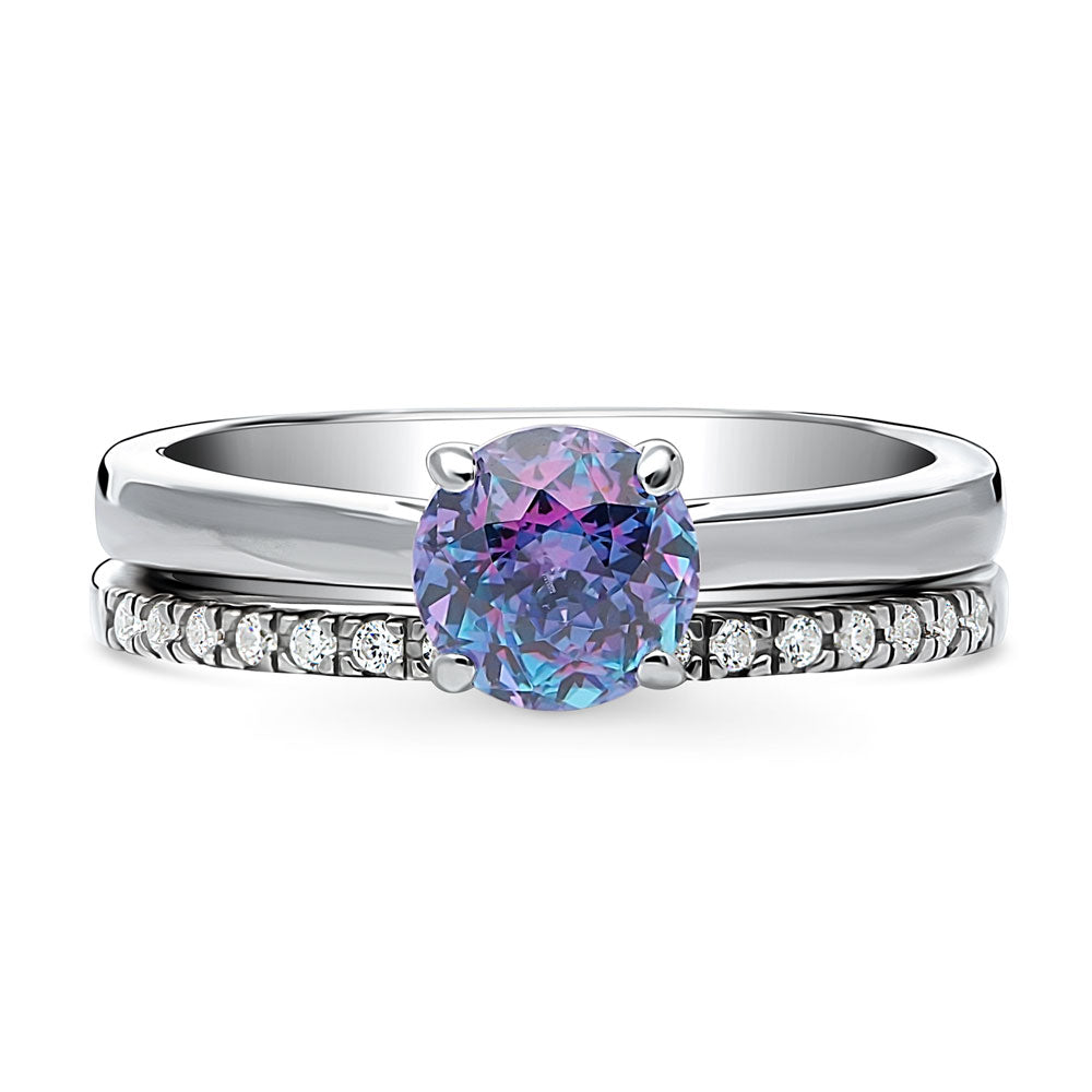 Kaleidoscope Solitaire Purple Aqua CZ Ring Set in Sterling Silver