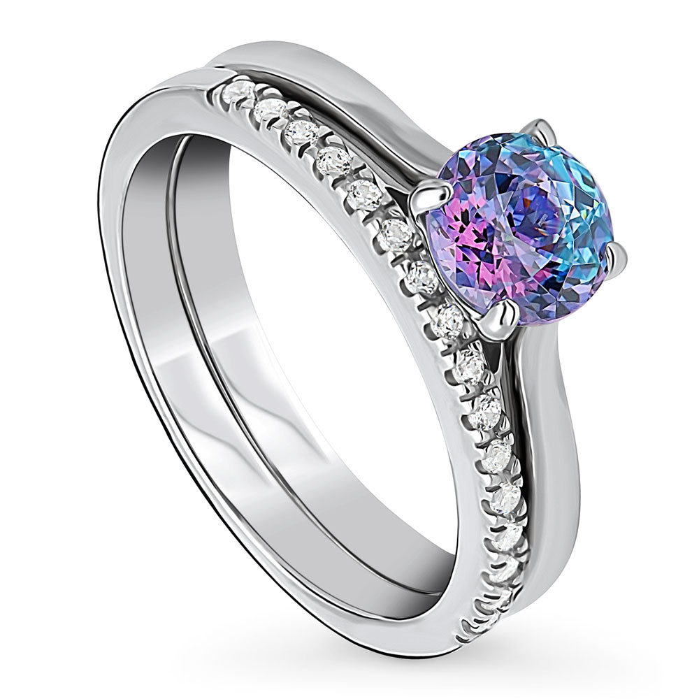 Kaleidoscope Solitaire Purple Aqua CZ Ring Set in Sterling Silver