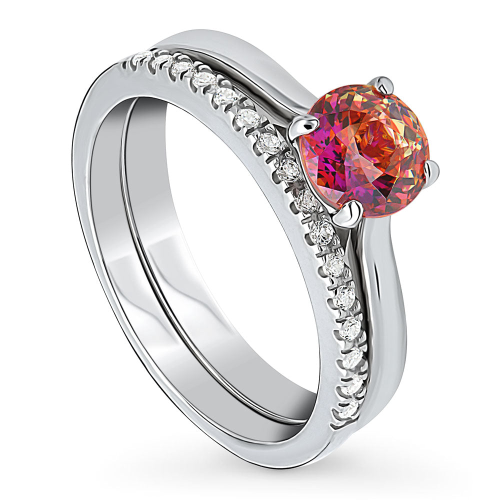 Front view of Kaleidoscope Solitaire Red Orange CZ Ring Set in Sterling Silver