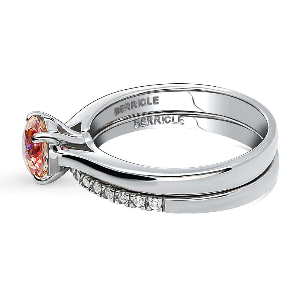 Angle view of Kaleidoscope Solitaire Red Orange CZ Ring Set in Sterling Silver