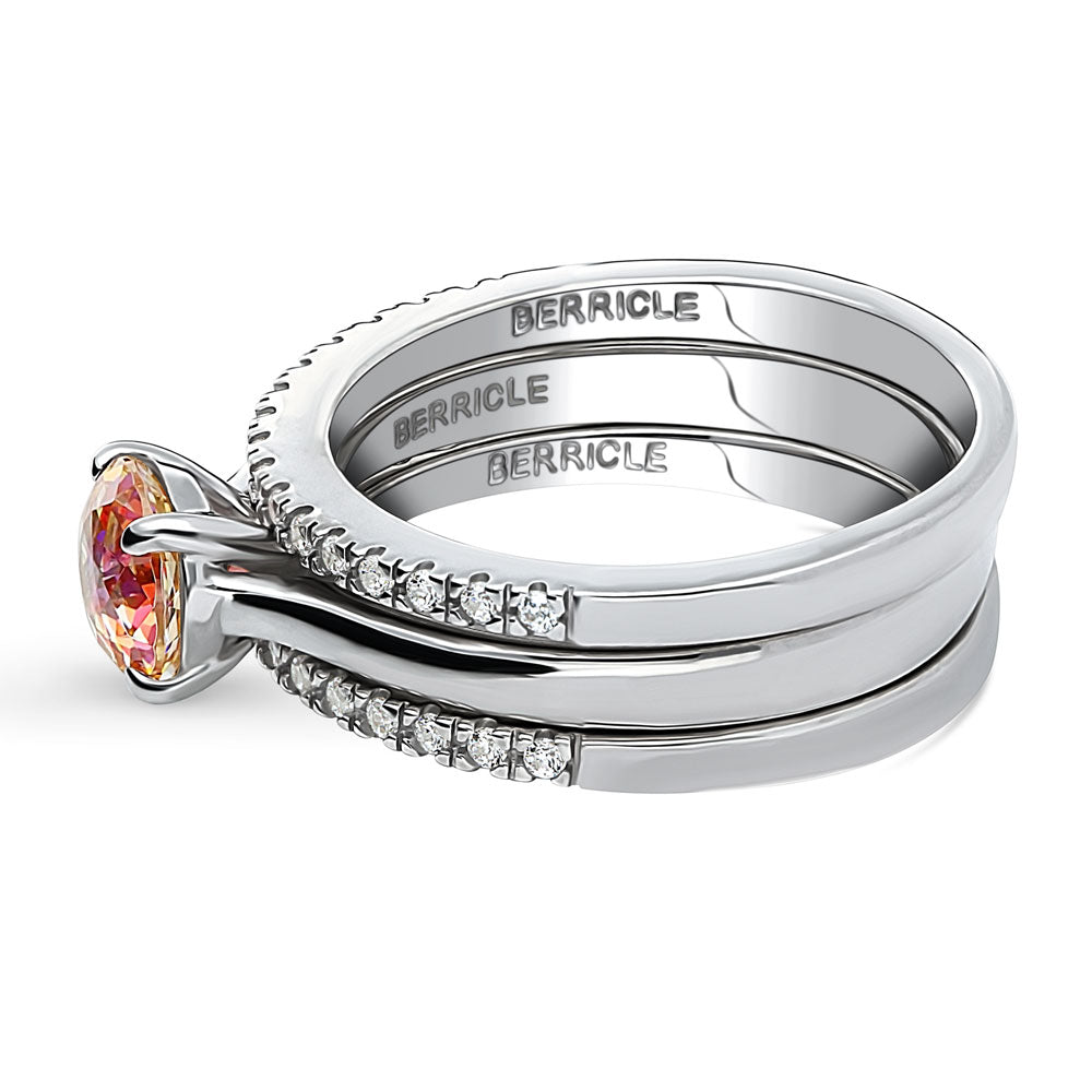 Angle view of Kaleidoscope Solitaire Red Orange CZ Ring Set in Sterling Silver