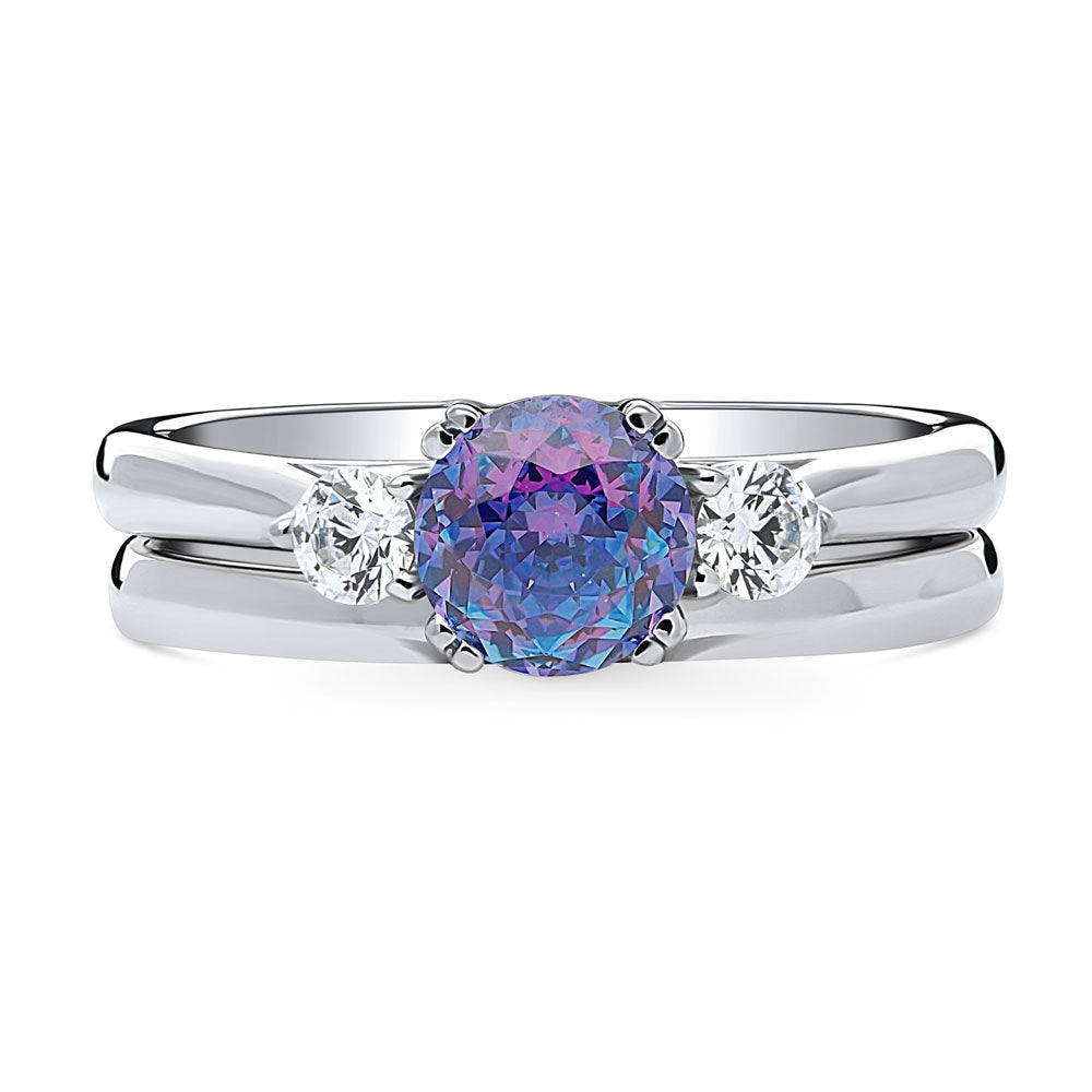 3-Stone Kaleidoscope Purple Aqua Round CZ Ring Set in Sterling Silver