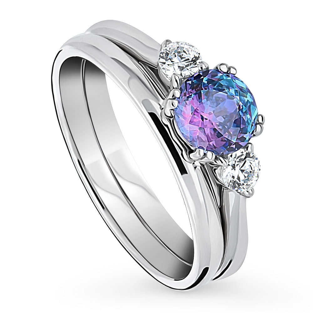 Front view of 3-Stone Kaleidoscope Purple Aqua Round CZ Ring Set in Sterling Silver, 3 of 14