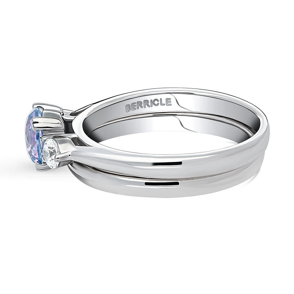 3-Stone Kaleidoscope Purple Aqua Round CZ Ring Set in Sterling Silver
