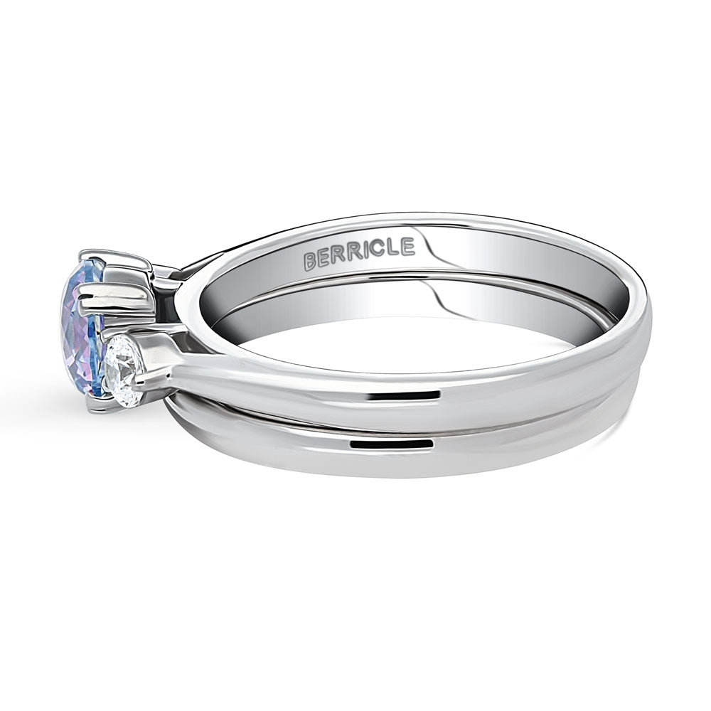 Angle view of 3-Stone Kaleidoscope Purple Aqua Round CZ Ring Set in Sterling Silver, 4 of 14