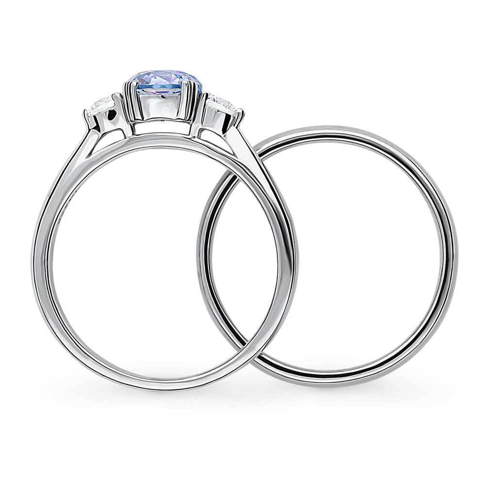 3-Stone Kaleidoscope Purple Aqua Round CZ Ring Set in Sterling Silver