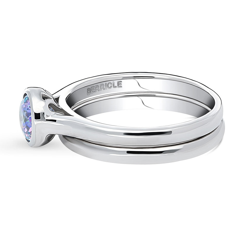 Angle view of Kaleidoscope Purple Aqua Bezel Set CZ Ring Set in Sterling Silver