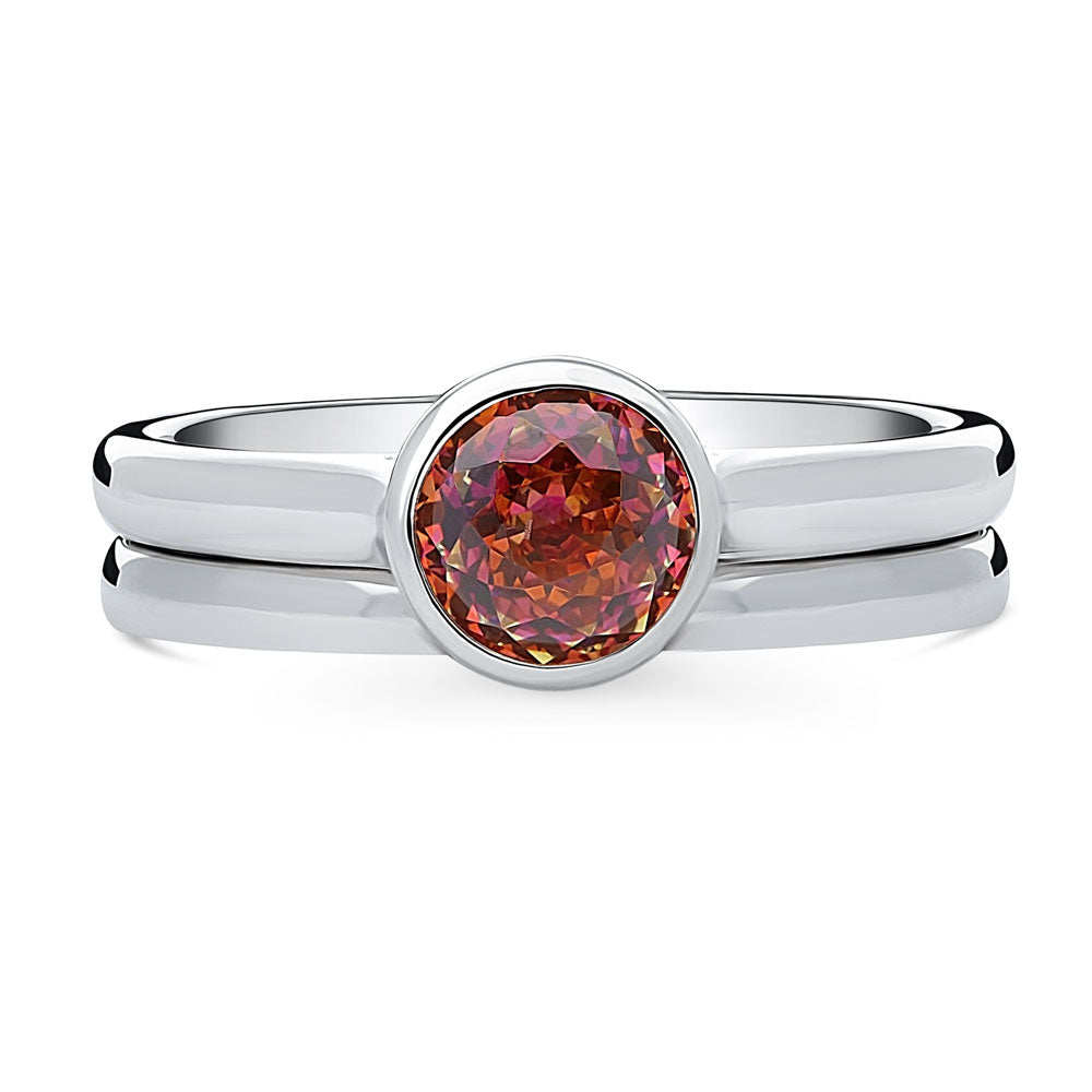 Kaleidoscope Red Orange Bezel Set CZ Ring Set in Sterling Silver