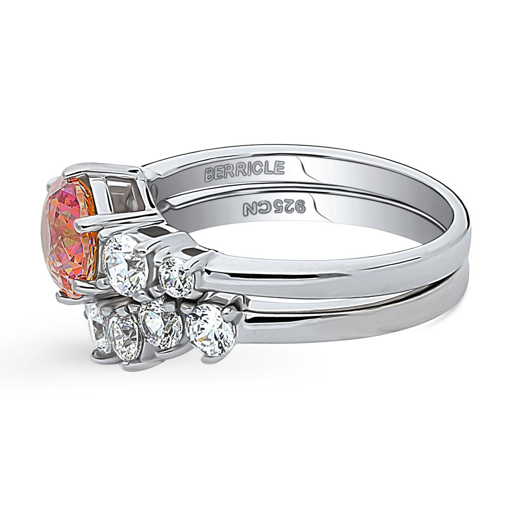 Angle view of Kaleidoscope Solitaire Red Orange CZ Ring Set in Sterling Silver