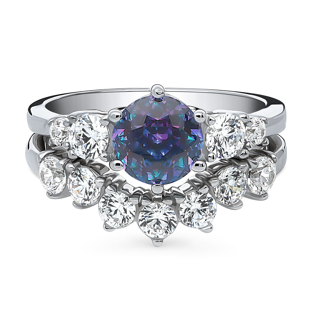 Kaleidoscope Solitaire Purple Aqua CZ Ring Set in Sterling Silver