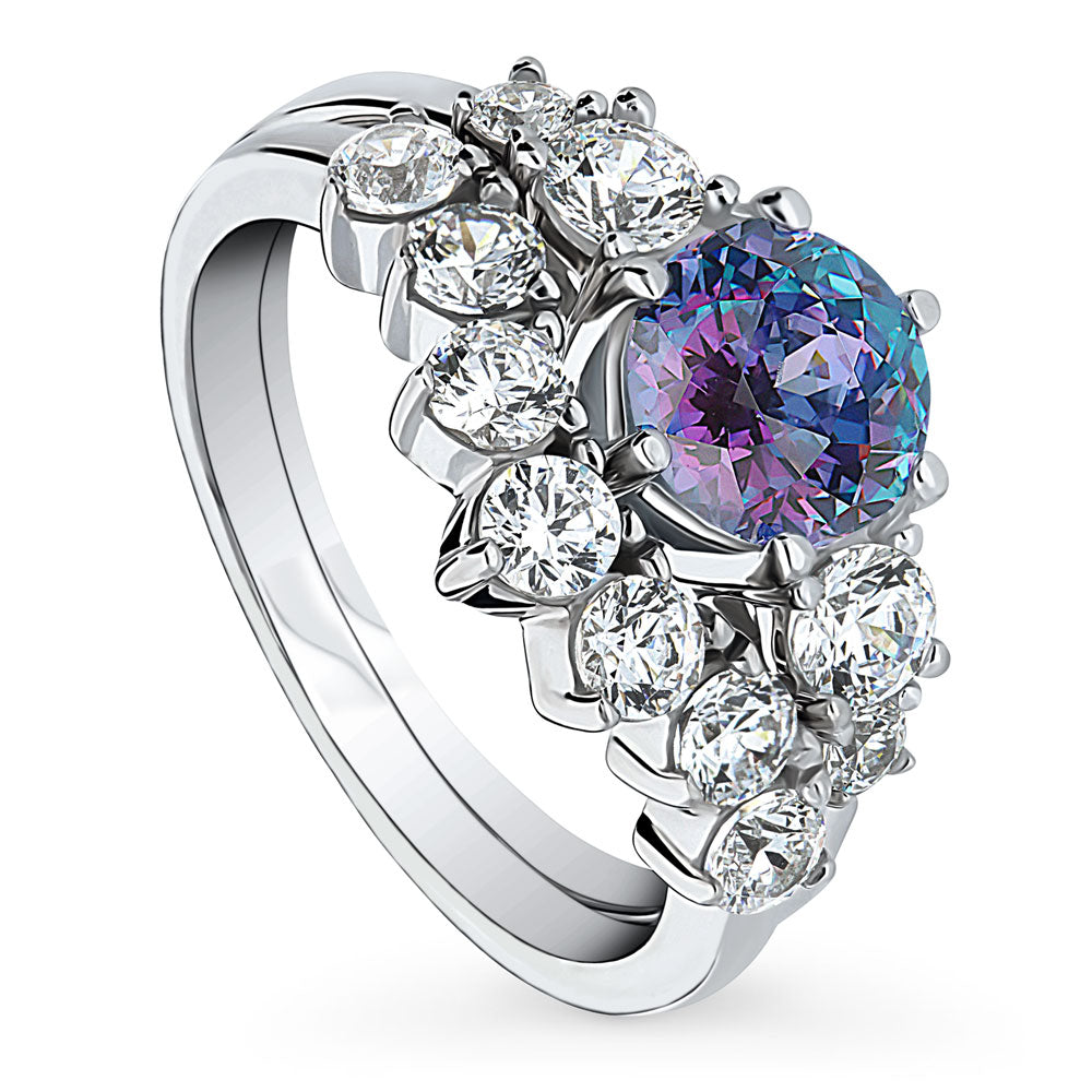 Kaleidoscope Solitaire Purple Aqua CZ Ring Set in Sterling Silver