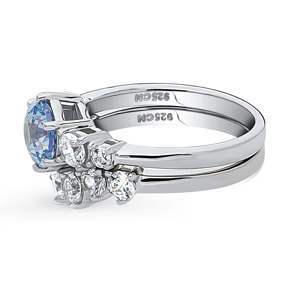 Kaleidoscope Solitaire Purple Aqua CZ Ring Set in Sterling Silver