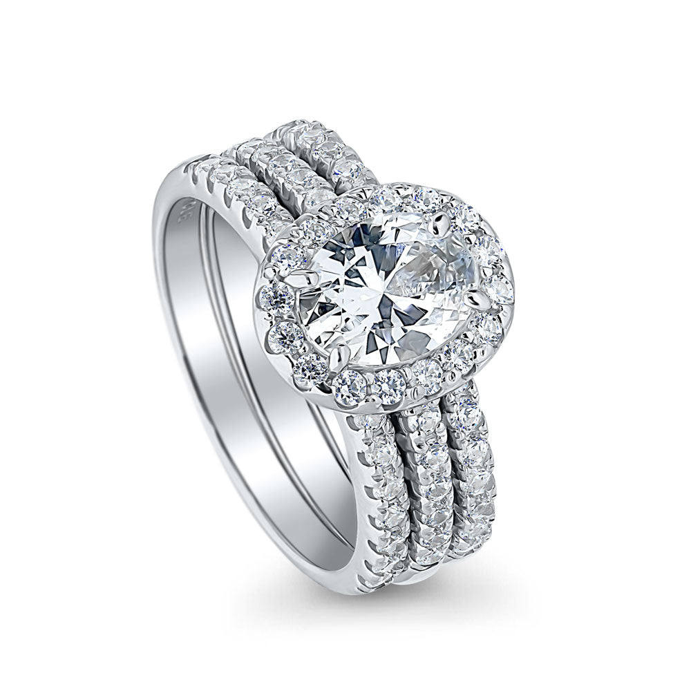 Front view of Halo Oval CZ Ring Set in Sterling Silver