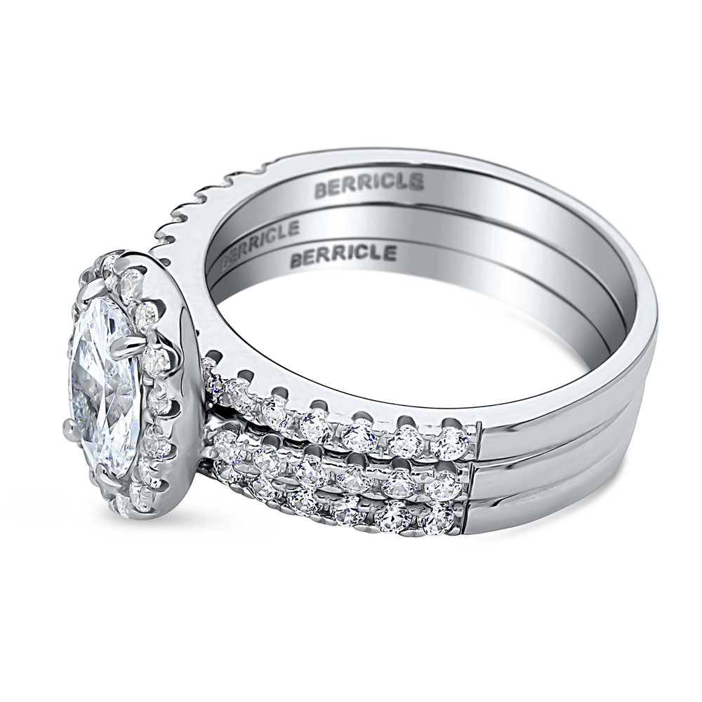 Angle view of Halo Oval CZ Ring Set in Sterling Silver