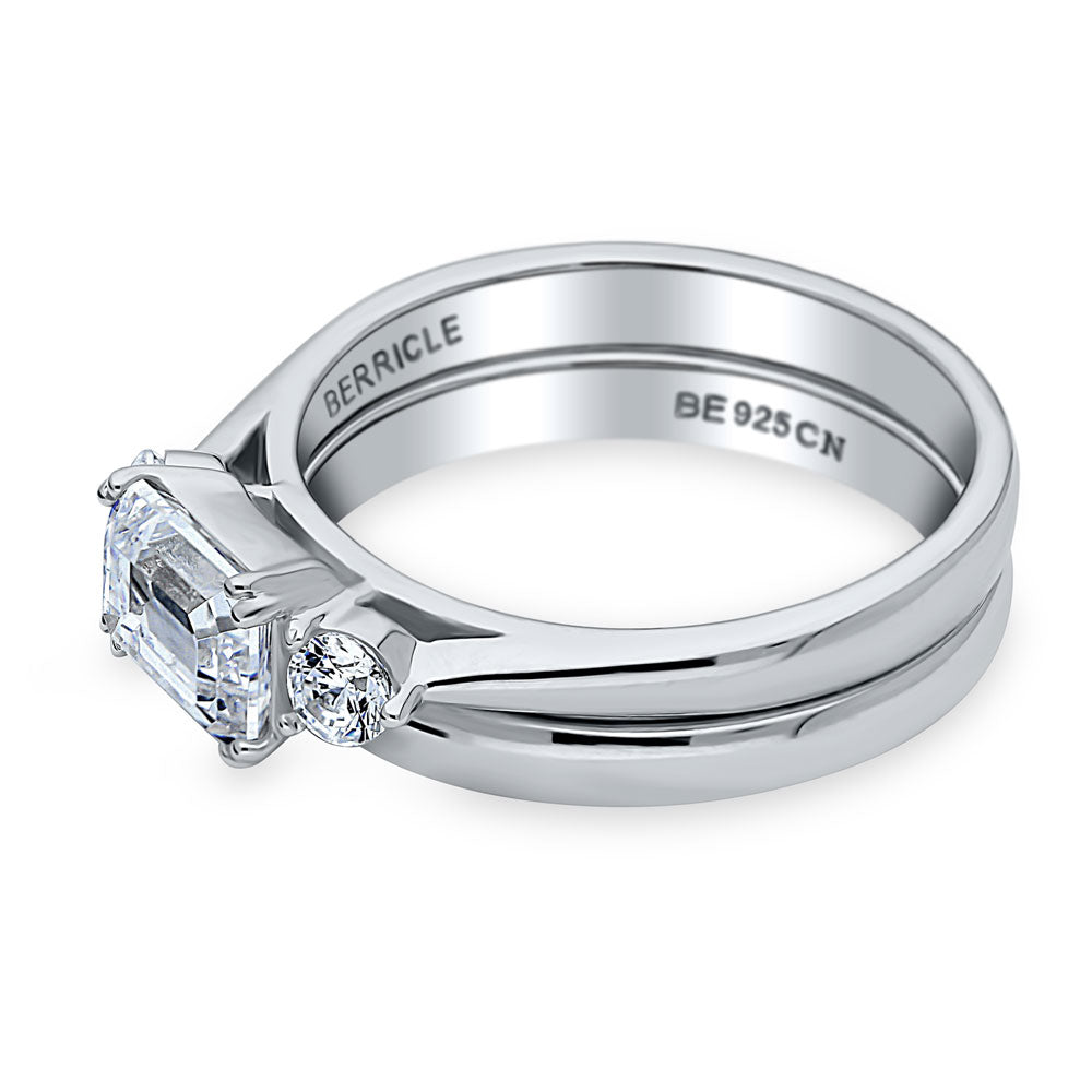 Angle view of 3-Stone East-West Emerald Cut CZ Ring Set in Sterling Silver