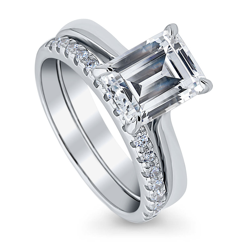 Front view of Solitaire 2.6ct Emerald Cut CZ Ring Set in Sterling Silver, 4 of 16