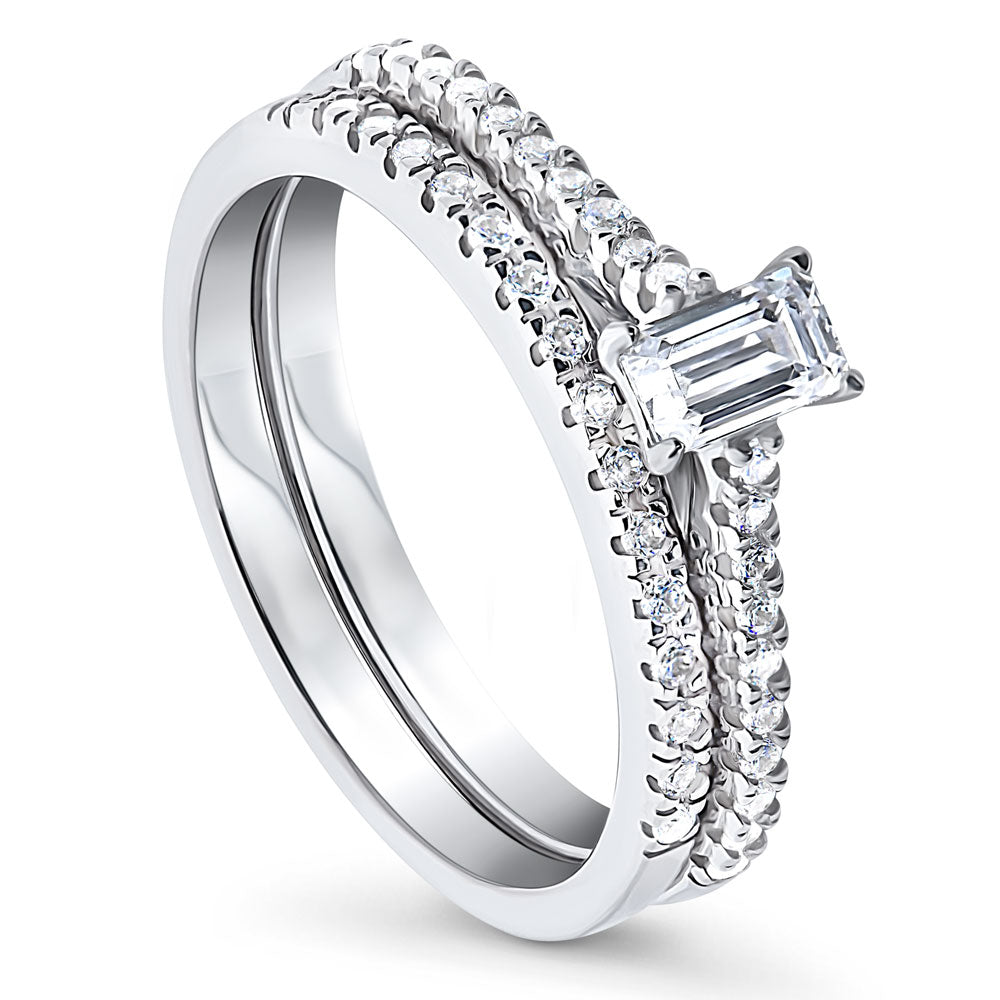 Front view of Solitaire 0.3ct Emerald Cut CZ Ring Set in Sterling Silver