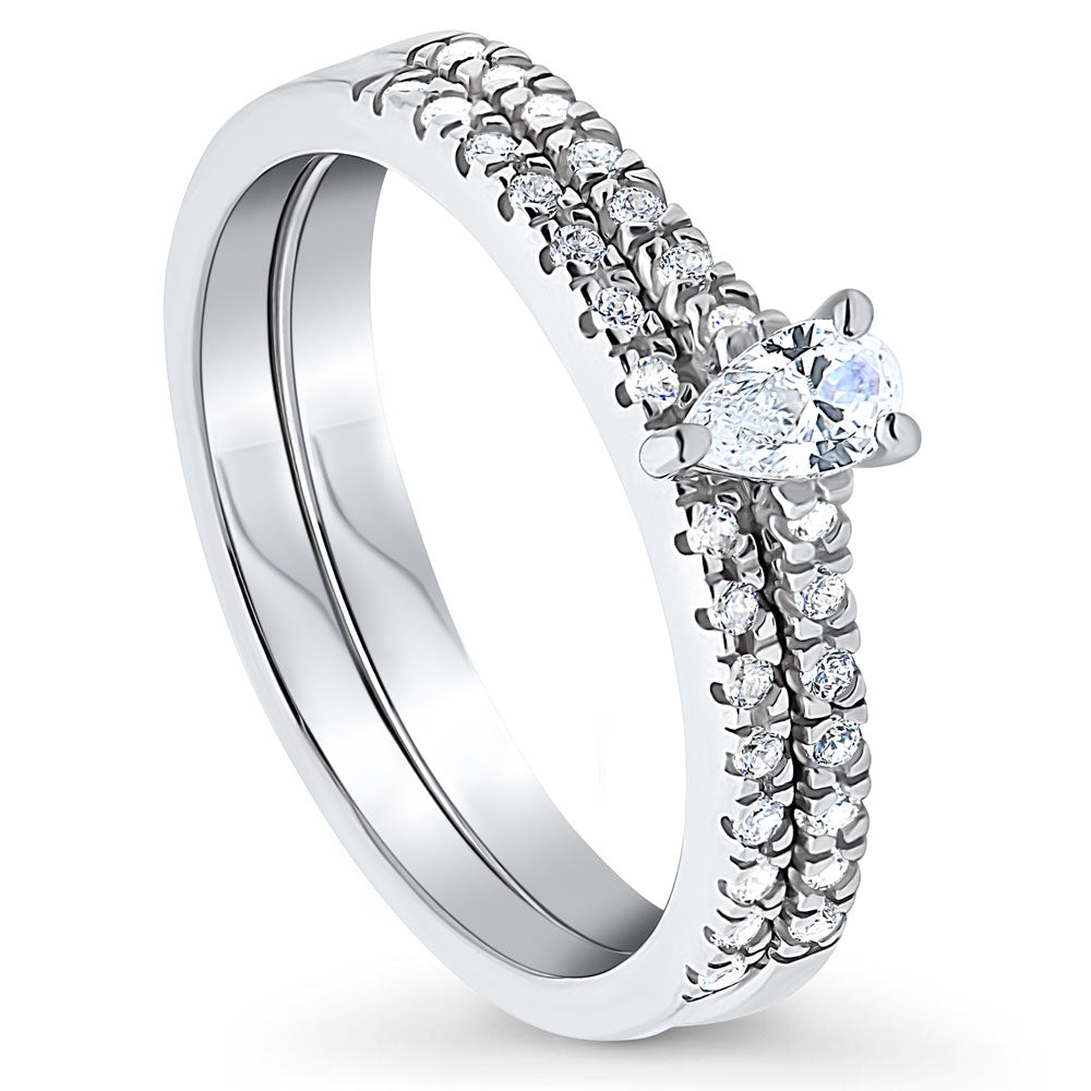 Front view of Solitaire 0.3ct Pear CZ Ring Set in Sterling Silver