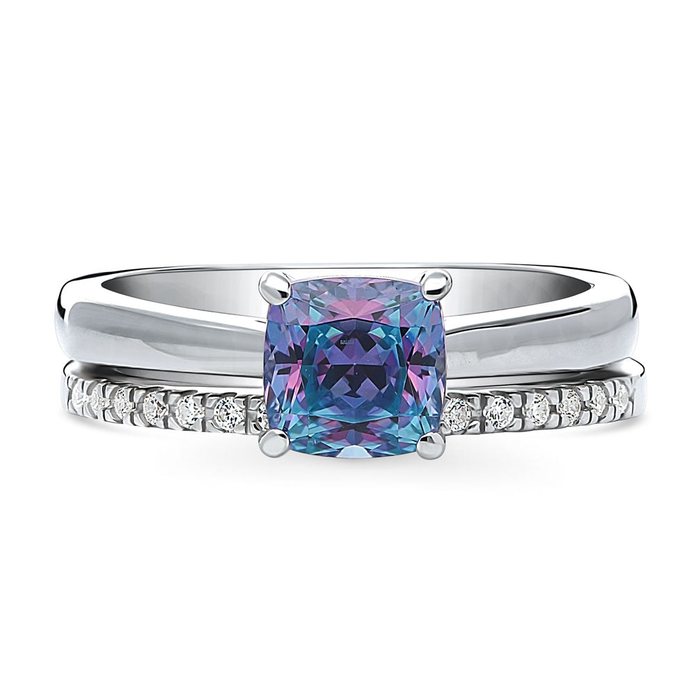 Kaleidoscope Solitaire Purple Aqua CZ Ring Set in Sterling Silver