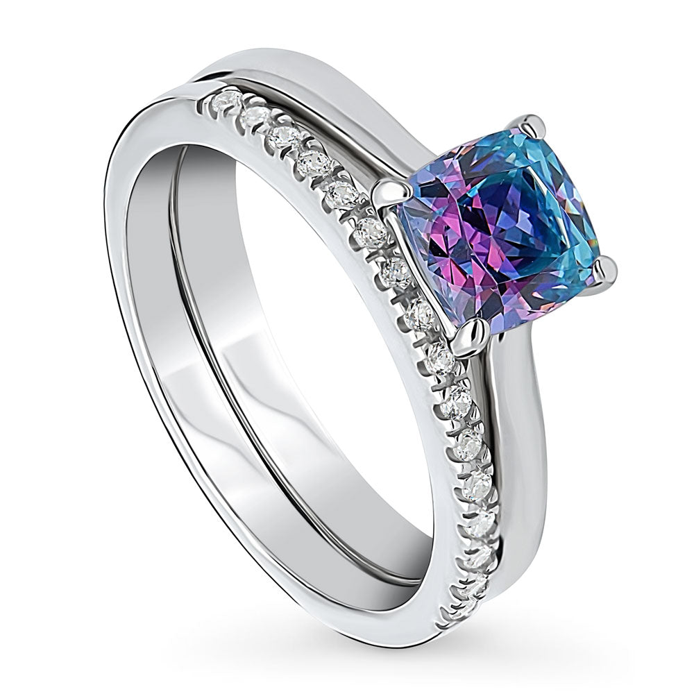 Kaleidoscope Solitaire Purple Aqua CZ Ring Set in Sterling Silver