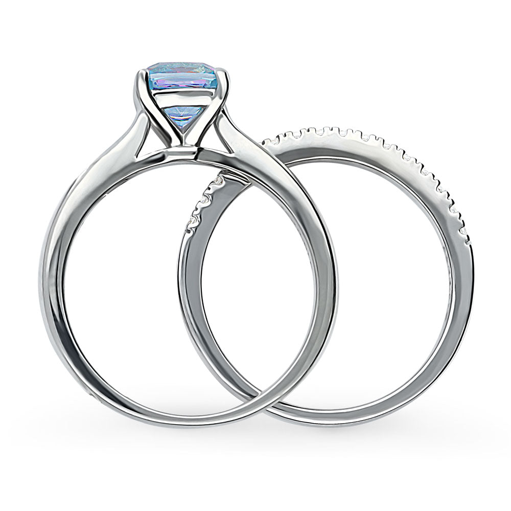 Kaleidoscope Solitaire Purple Aqua CZ Ring Set in Sterling Silver