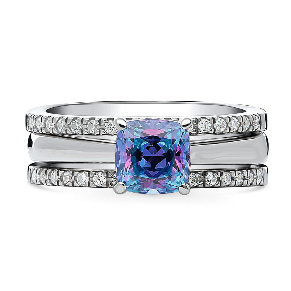 Kaleidoscope Solitaire Purple Aqua CZ Ring Set in Sterling Silver