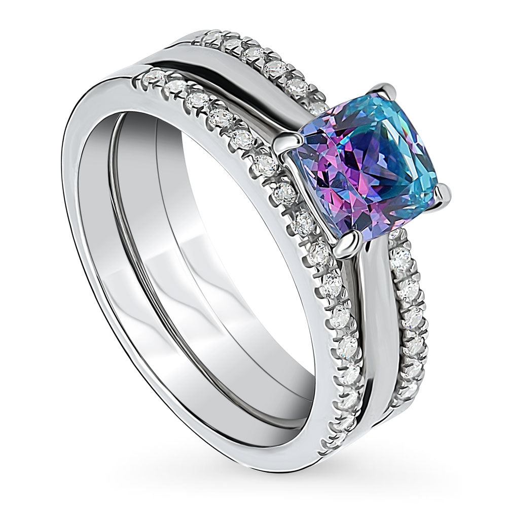 Kaleidoscope Solitaire Purple Aqua CZ Ring Set in Sterling Silver