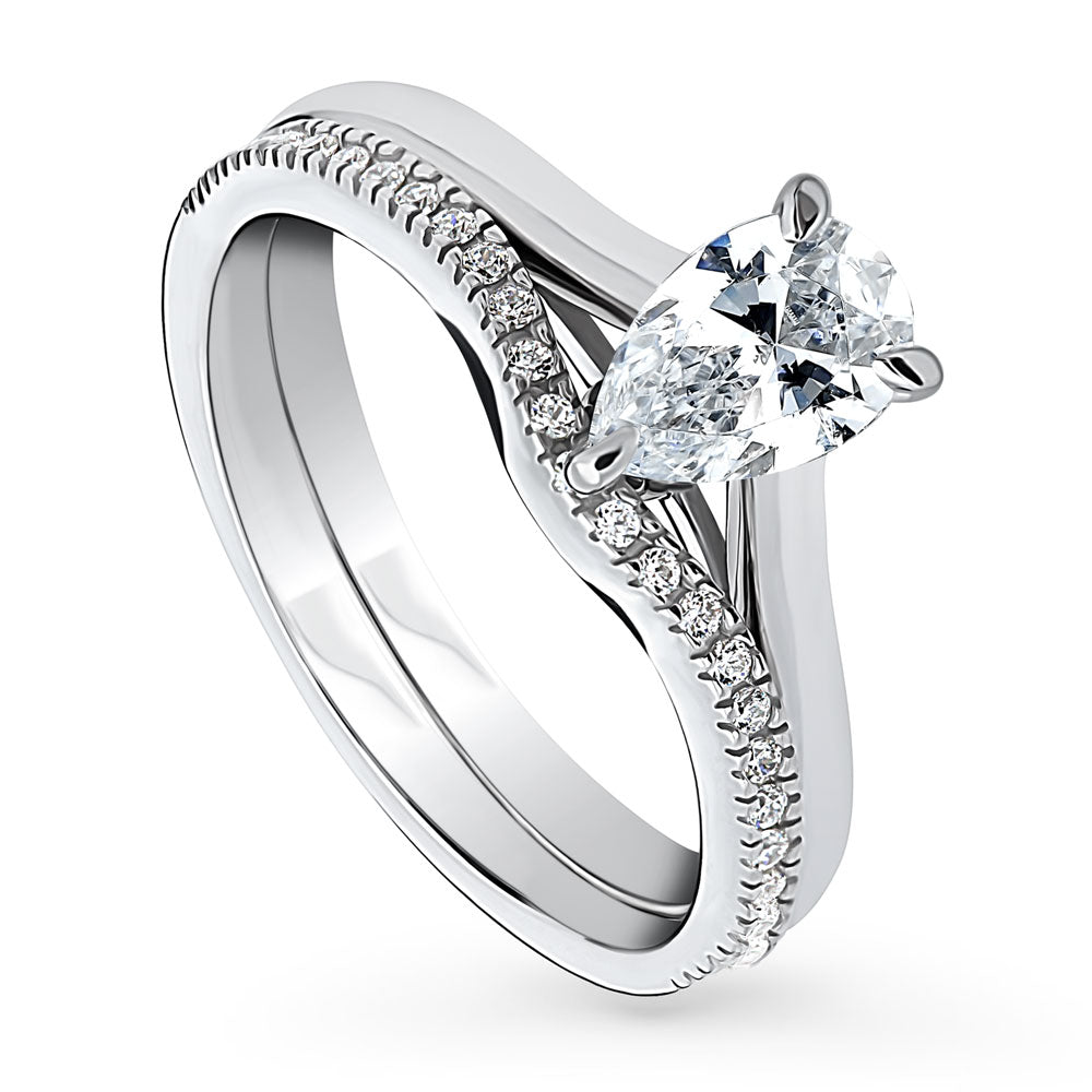 Front view of Solitaire 0.8ct Pear CZ Ring Set in Sterling Silver, 3 of 11