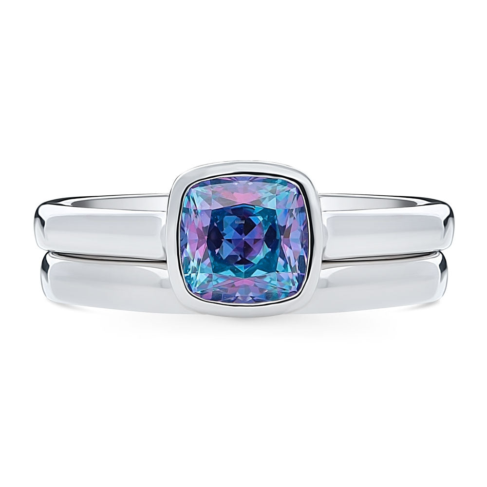 Kaleidoscope Purple Aqua Bezel Set CZ Ring Set in Sterling Silver