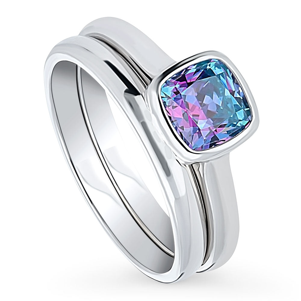 Kaleidoscope Purple Aqua Bezel Set CZ Ring Set in Sterling Silver