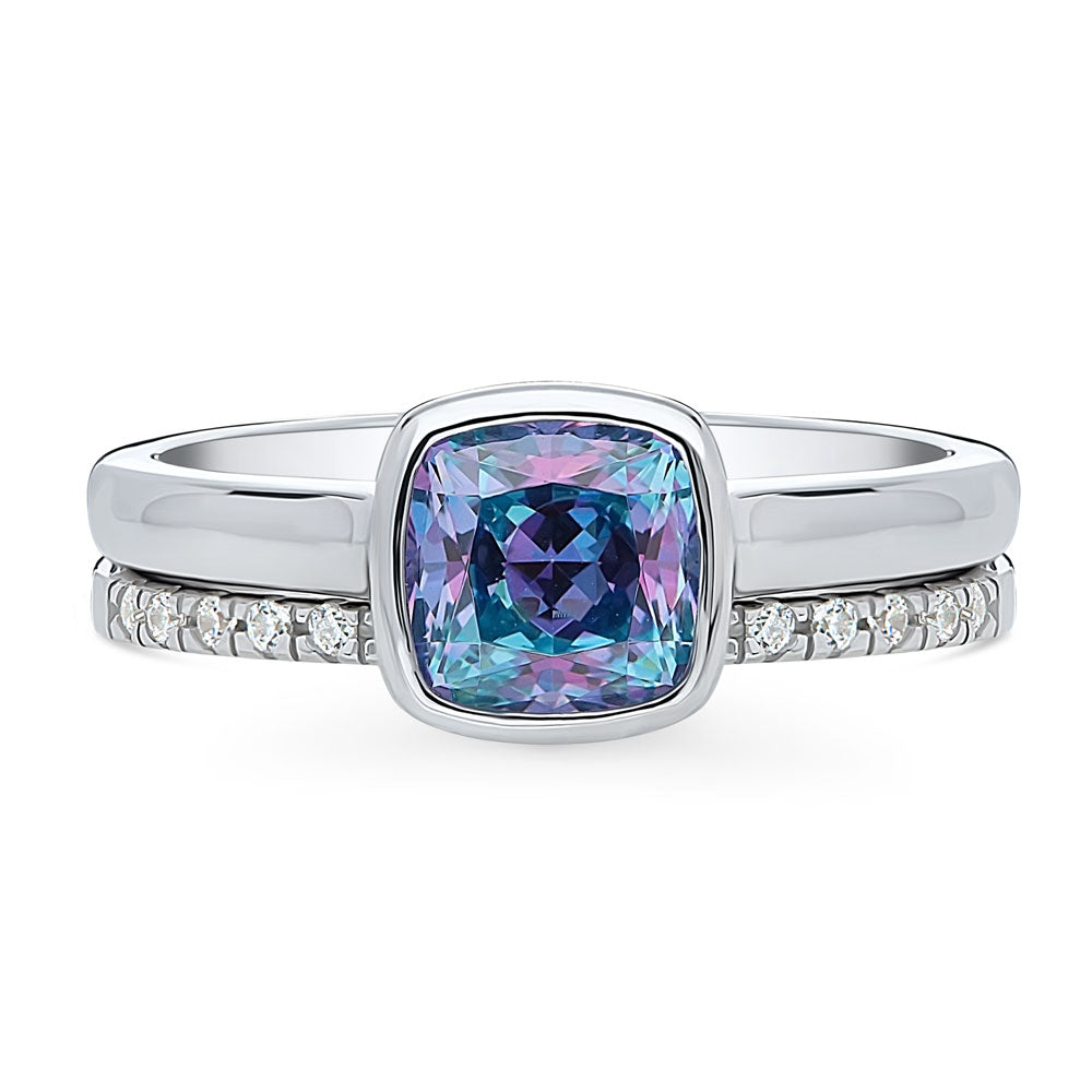 Kaleidoscope Purple Aqua Bezel Set CZ Ring Set in Sterling Silver