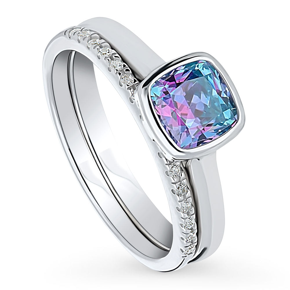 Kaleidoscope Purple Aqua Bezel Set CZ Ring Set in Sterling Silver