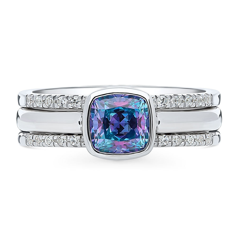 Kaleidoscope Purple Aqua Bezel Set CZ Ring Set in Sterling Silver