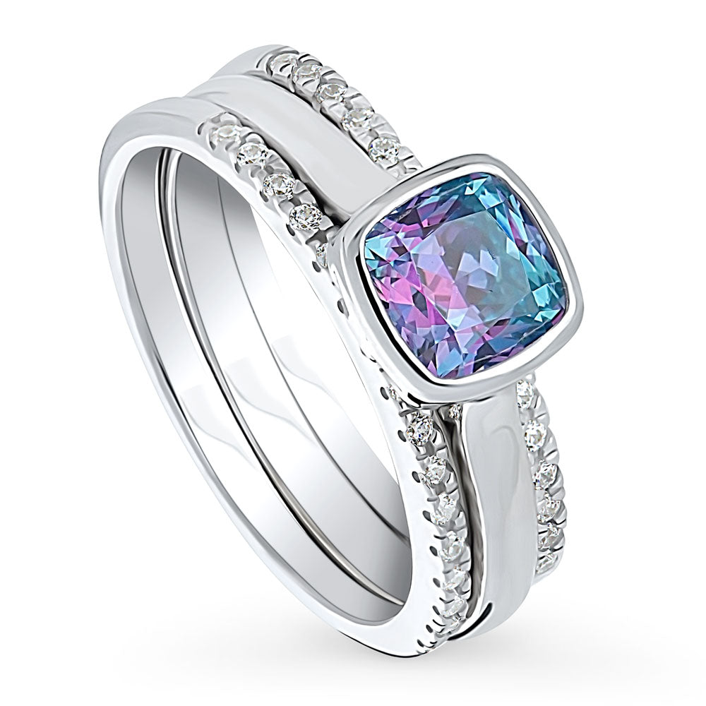 Kaleidoscope Purple Aqua Bezel Set CZ Ring Set in Sterling Silver