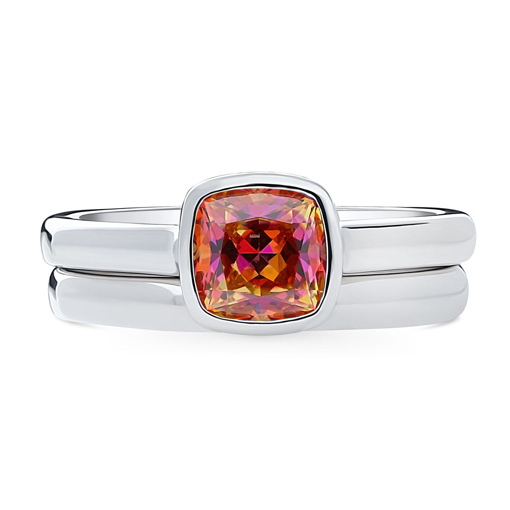 Kaleidoscope Red Orange Bezel Set CZ Ring Set in Sterling Silver