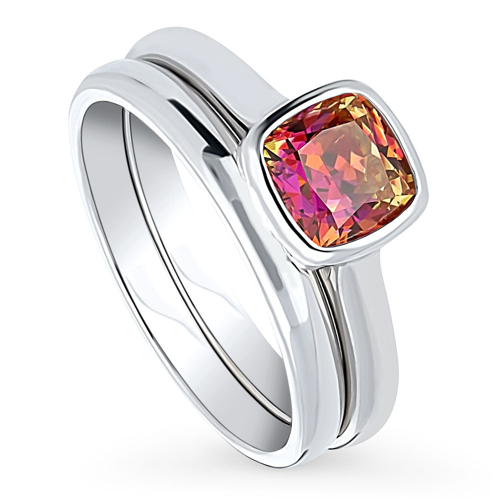 Kaleidoscope Red Orange Bezel Set CZ Ring Set in Sterling Silver