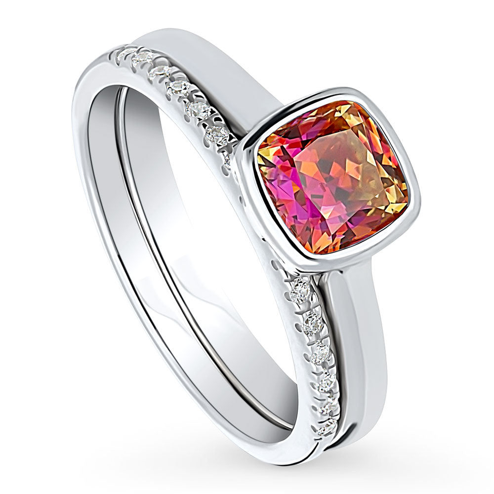 Front view of Kaleidoscope Red Orange Bezel Set CZ Ring Set in Sterling Silver